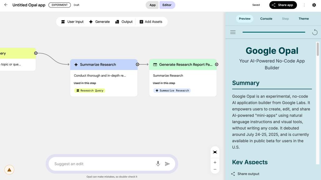Google запустили Opal простой визуальный конструктор ИИ мини приложений где собираешь логику из шагов без кода и сразу делишься результатом по ссылке Сценарии понятные и приземленные от рекомендаций игр и фильмов до генерации постов и превращения лекций с YouTube в тесты так что идею можно проверить за вечер и показать людям Есть галерея шаблонов а собрать первый прототип бесплатно можно здесь Service Подписаться