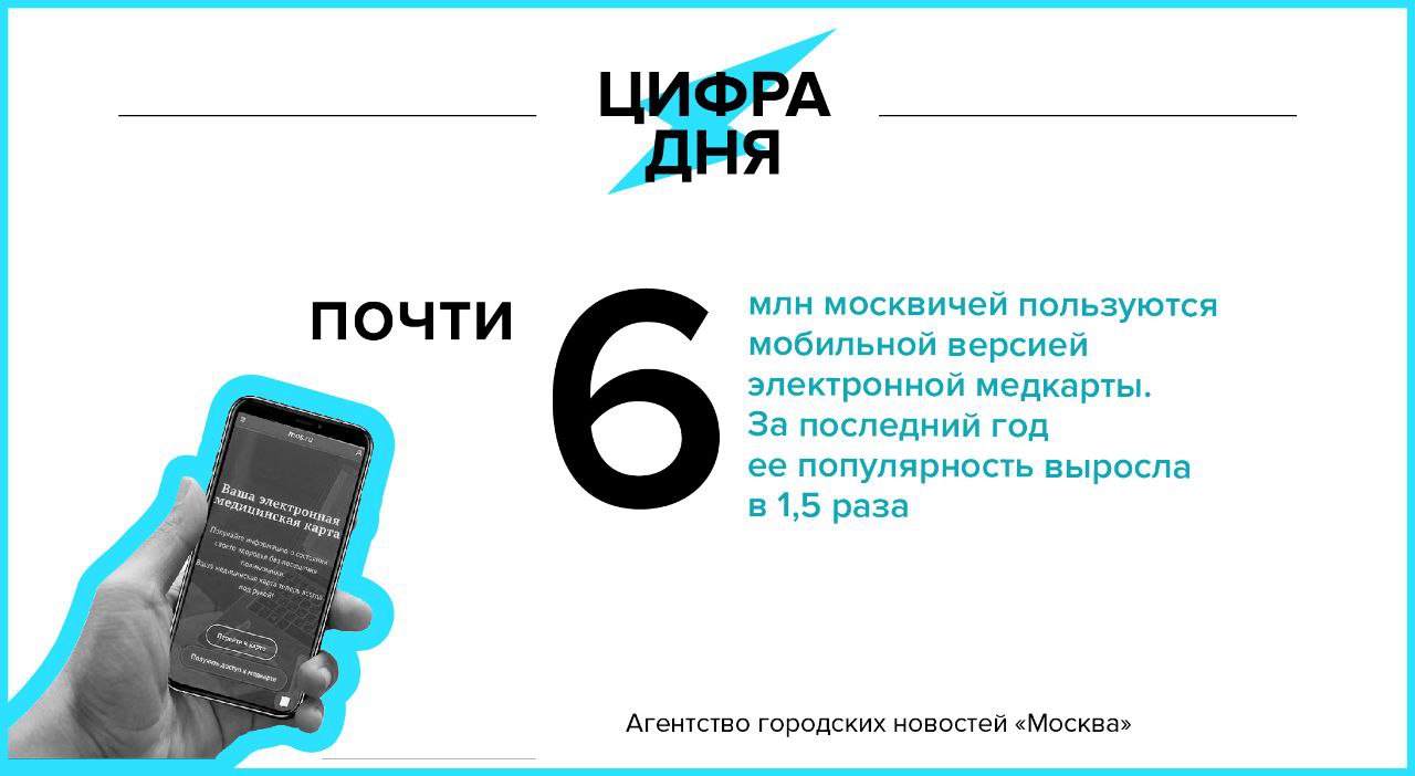 Цифра дня 21 августа Почти 6 млн москвичей пользуются мобильной версией электронной медкарты Подпишись на Агентство Москва