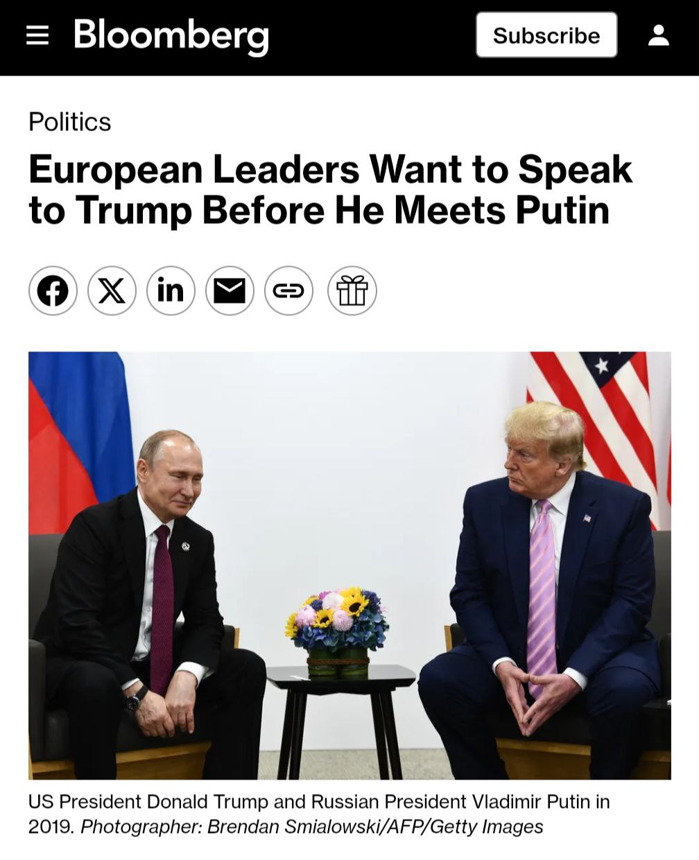 Лидеры ЕС стремятся провести переговоры с Дональдом Трампом до его запланированной встречи с Владимиром Путиным на Аляске, сообщает Bloomberg со ссылкой на источники.   !
