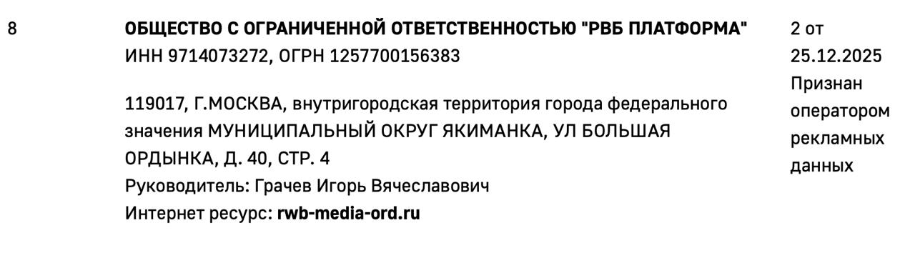 Появился новый ОРД Роскомнадзор присвоил статус оператора рекламных данных компании Wildberries ООО РВБ ПЛАТФОРМА ОРД РВБ будет доступен по адресу rwb media ord ru но в настоящее время сайт еще не заработал  На моем вебинаре о рекламе в интернете вас ждет множество другой практики подробности и РЕГИСТРАЦИЯ ЗДЕСЬ Все о рекламе Мария Верховская  Поддержать канал