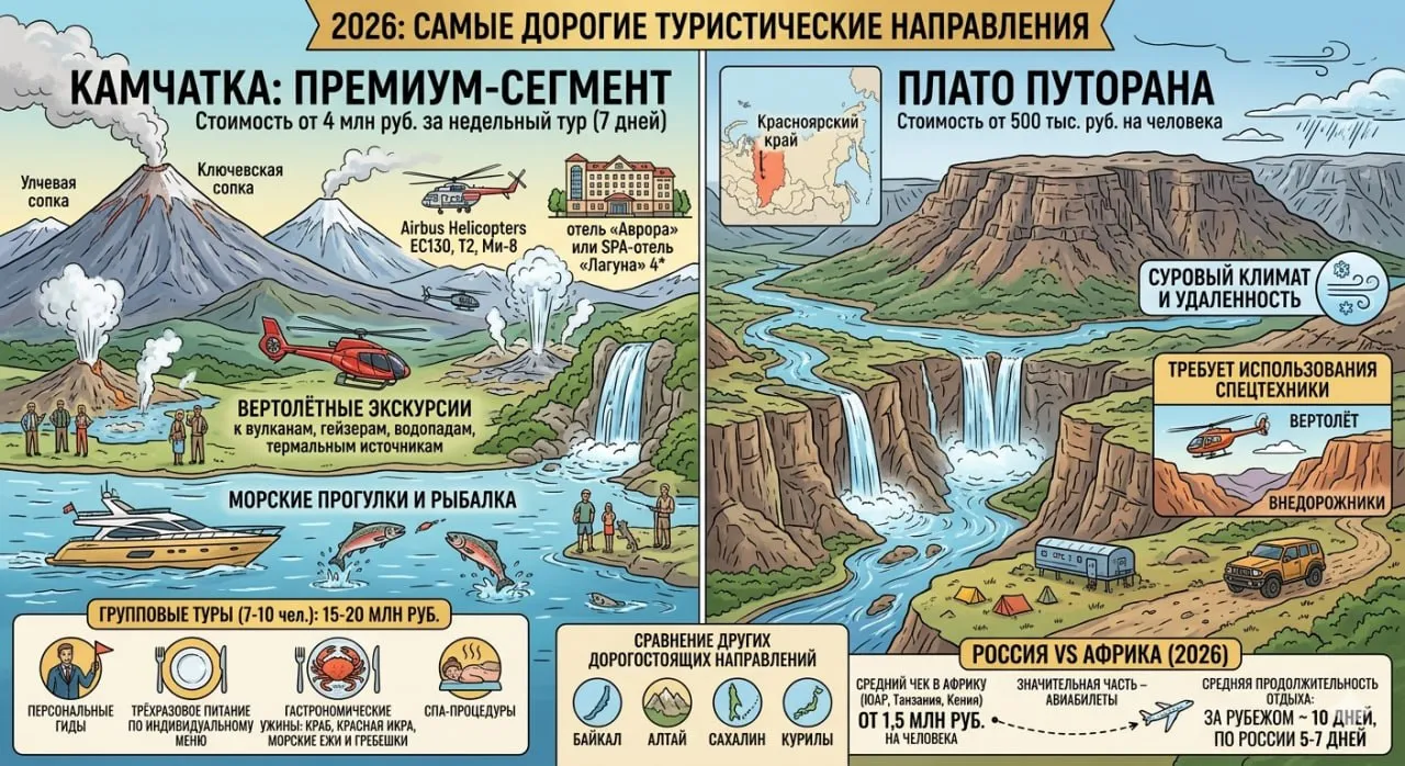 Камчатка и Плато Путорана станут самыми дорогими направлениями туризма в 2026 году Камчатка может быть разной но в премиальном сегменте стоимость недельного тура может начинаться от 4 млн рублей проживание в таких отелях как Аврора или SPA отеле Лагуна 4 вертолётные экскурсии на Airbus Helicopters EC130 T2 или Ми 8 к вулканам гейзерам водопадам термальным источникам а также морские прогулки и рыбалкой и экспедиции в труднодоступные места Благодаря персональным гидам трёхразовому питанию по индивидуальному меню гастрономическим ужинам с камчатскими деликатесами краб красная икра морские ежи и гребешки и спа процедурам групповые туры на Камчатку для 7 10 человек иногда оцениваются в 15 20 млн рублей Экскурсия на Плато Путорана в Красноярском крае стоит от 500 тыс рублей на человека в силу сурового климата и удаленности которая требует использования спецтехники вертолёты внедорожники Среди дорогостоящих туристических направлений также Байкал Алтай Сахалин и Курилы Средний чек на поездку в Африку ЮАР Танзания Кения начинается от 1 5 млн рублей на человека и значительную часть этой суммы составляют авиабилеты При этом средняя продолжительность зарубежного отдыха составляет около 10 дней поездки по России составляют 5 7 дней Подписывайтесь на Недебри в Max