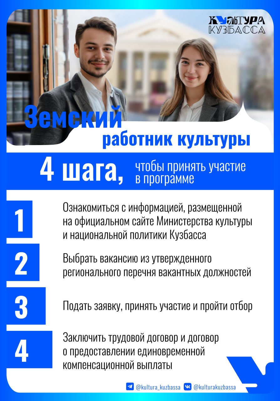С 2025 года по инициативе Президента РФ Владимира Путина запущена программа «Земский работник культуры» Программа поможет восполнить дефицит кадров учреждений культуры, расположенных в сельских населенных пунктах, рабочих поселках, поселках городского типа, городах с числом жителей до 50 тыс. человек. На часто задаваемые вопросы мы отвечали здесь. Подробная информация о программе «Земский работник культуры» размещена на сайте.