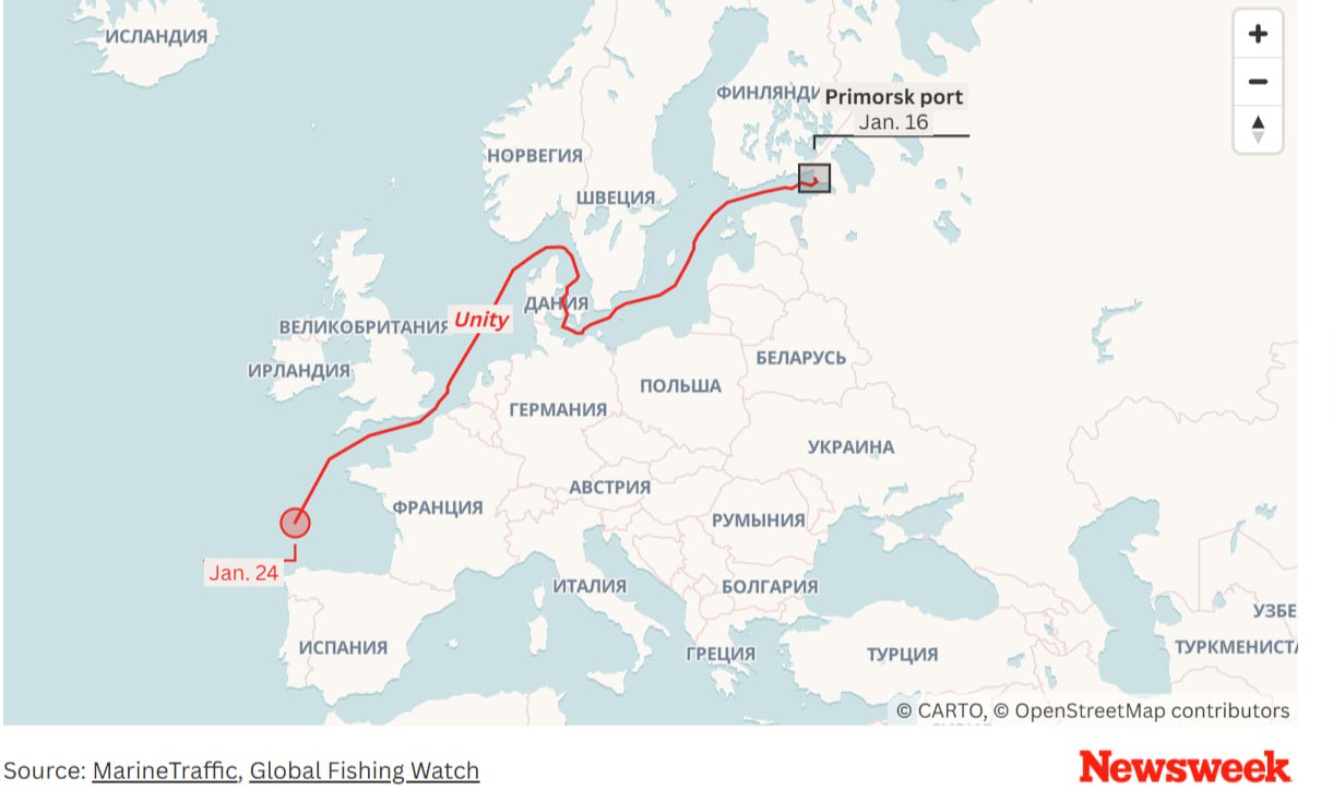 Newsweek: «Экологическая бомба» — российский танкер, дрейфующий у берегов Франции, вызывает тревогу    Российский танкер сломался и дрейфует в Бискайском заливе у побережья Франции. Корабль под названием «Unity» потерял ход в штормовых условиях 23 января, сообщает издание Splash247.   Танкер «Unity» вышел из Приморска 16 января, а затем дрейфовал в Атлантике после отключения электроэнергии. По данным Управления энергетической информации США, судно является 16-летним танкером типа Aframax с водоизмещением от 80 000 до 120 000 тонн. «Unity» перевозил российскую нефть, направлявшуюся в Мангалор, Индия.   Танкер принадлежит московской компании Argo Tanker Group, которая приобрела судно в сентябре прошлого года. По данным MarineTraffic.com, «Unity» — это танкер для перевозки сырой нефти, длина которого составляет 245,07 метра, а ширина — 42 метра.   Это не единственное российское судно, попавшее в дрейф в последнее время: в нескольких милях к северу от острова Рюген в Балтийском море сломалось судно Eventin под панамским флагом, предположительно являющееся частью российского теневого флота нефтяных танкеров.    В своем сообщении на BlueSky пользователь auonsson, одним из первых заметивший севшее на мель судно, написал: «Бискайский залив. Российский танкер. Дрейфует, кажется, мертво в воде. Волны 4,3 м. Ветер 37 узлов. Ожидается усиление обоих. То есть, вероятная экологическая бомба при сильном шторме в одном из самых коварных водоемов мира — не очень хорошо. По крайней мере, танкеру всего 16 лет. Надеюсь, с экипажем все в порядке».   Барт Гонниссен, старший морской лоцман из Нидерландов, в своем сообщении на сайте X опубликовал фотографию карты с местонахождением судна и выделил уведомление о том, что оно «не находится под управлением».   Будут ли французские или другие международные власти буксировать судно на данный момент неизвестно. #ТеневойФлот  Подписаться.