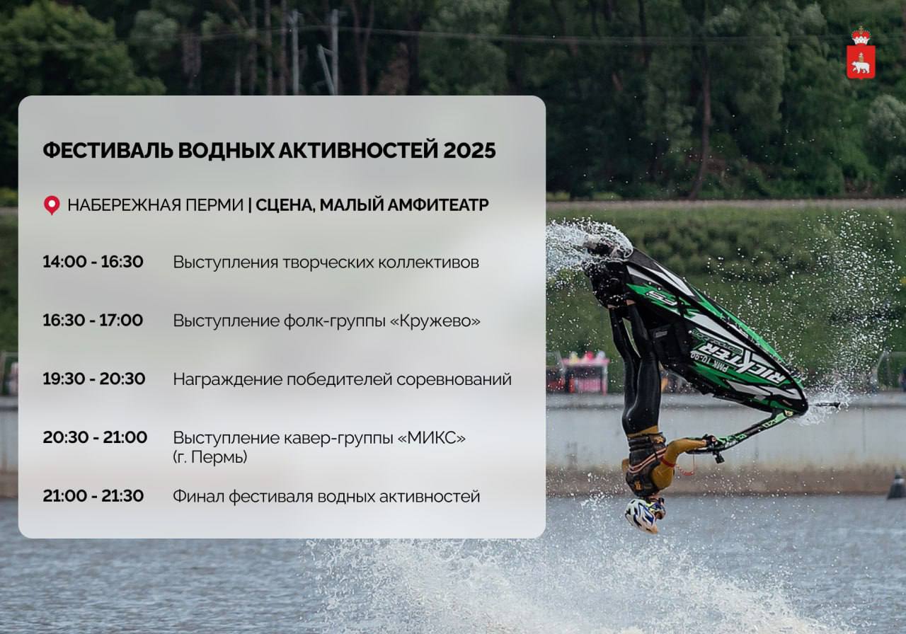 В Перми сегодня пройдёт первый фестиваль водных развлечений на Каме. В программе: костюмированные заплывы на SUP-досках и виндсерфах, трюки на гидрофлайтах и аквабайках, гонки на лодках «Дракон» и многое другое. Вход свободный. Подписаться Прислать новость