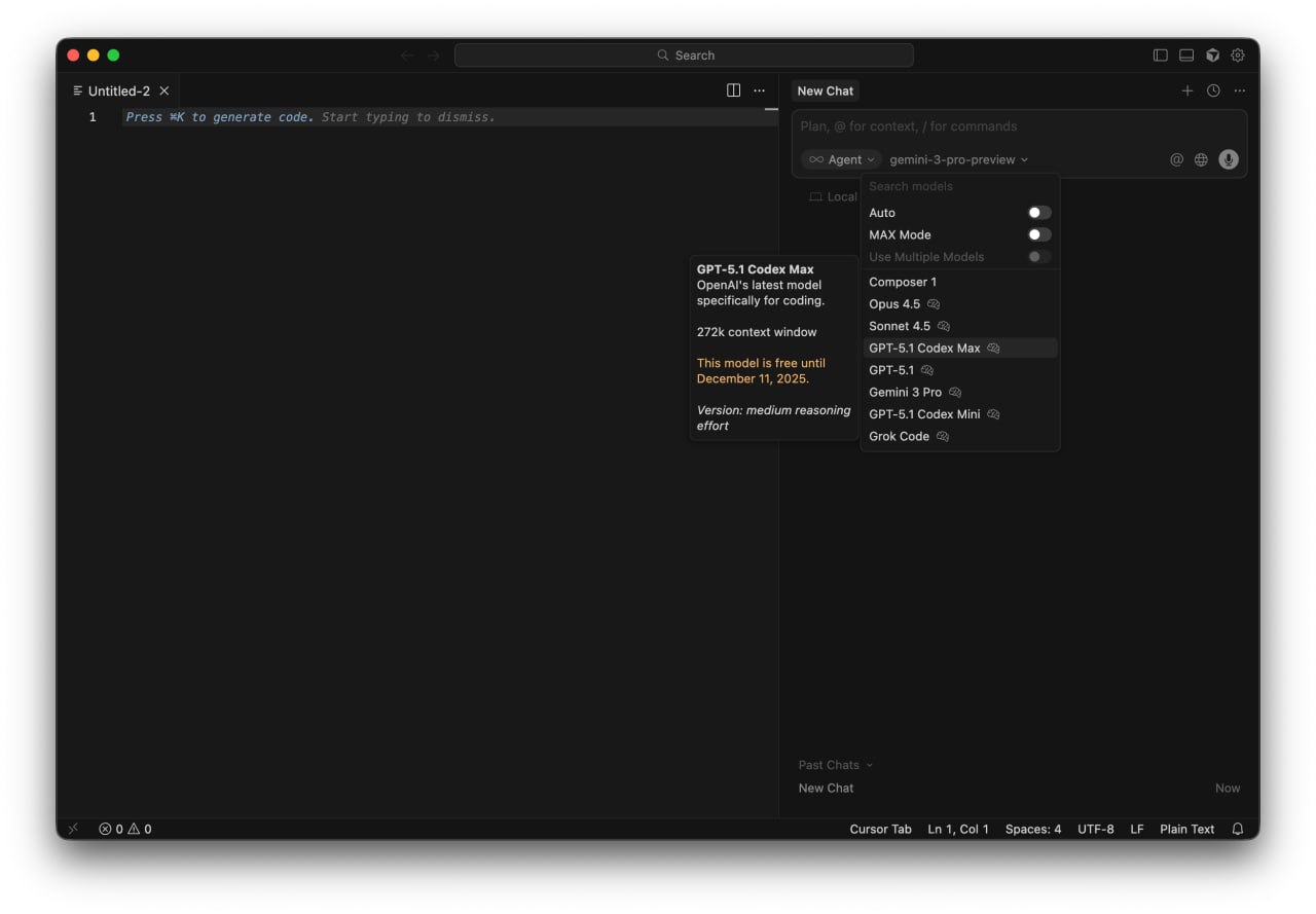 Cursor предложили неограниченный доступ к GPT 5 1 Codex Max на неделю Cursor предоставил пользователям возможность целую неделю пользоваться одной из лучших моделей для программирования GPT 5 1 Codex Max Эта система эффективно проектирует интерфейсы быстро обрабатывает задачи и может работать до 24 часов без остановки Получить доступ можно по ссылке Бесплатный период продлится до 11 декабря DeepTechNET Канал про тренды из мира IT технологий нейросетей и бизнеса