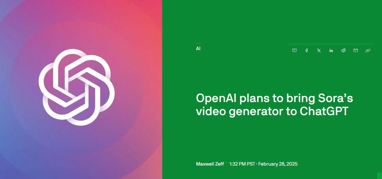 OpenAI планирует встроить генератор видео Sora прямо в ChatGPT.   Ранее Sora была доступна только через отдельное web-приложение для подписчиков Plus и Pro. Теперь видео можно будет создавать прямо в чат-боте, но с урезанным функционалом. Максимальная длина роликов — 20 секунд, разрешение — 1080p.  Айтишник   Подписаться