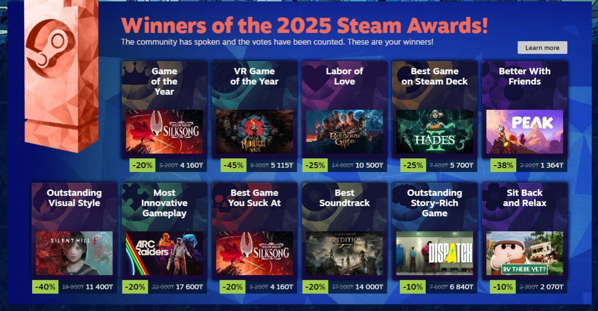 Быстроновости  Hollow Knight Silksong всё таки стала игрой года тайтл победил в голосовании пользователей Steam Clair Obscur Expedition 33 при этом взяла только одну награду за лучший саундтрек Лучшей игрой на Steam Deck стала Hades II а кооперативом года юзеры признали Peak Долгожданную Silent Hill f наградили за выдающийся визуальный стиль а самый инновационный геймплей остался за ARC Raiders Лучший сюжет Dispatch а странная номинация Устройтесь поудобней ушла RV There Yet Ну и ещё одна награда для Silksong лучшая игра которая вам не даётся Справедливо Немного инфы про игры Ubisoft принёс Том Хендерсон По его словам Prince of Persia The Sands of Time планировали анонсировать в декабре но теперь ремейк покажут или за неделю до выхода или выпустят в день анонса 16 января Ремейк Assassin s Creed Black Flag могут анонсировать в первой половине февраля а релизнут около 26 марта Assassin s Creed Hexe планируют выпустить до конца 2026 года но это не точно а Far Cry 7 точно выйдет в этом году Также Ubisoft планирует огромную презентацию своих игр в честь своего 40 летия Экспресс новость Resident Evil Requiem добавили в список желаемого больше 4 миллионов раз Подписаться на IGM