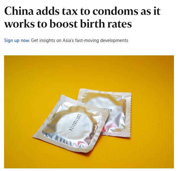 Китай вводит налог на презервативы чтобы стимулировать рождаемость Власти впервые за 30 лет начислят 13 НДС на презервативы и контрацептивы одновременно освобождая от налогов услуги для родителей и семей чтобы подтолкнуть граждан к рождению детей Новый закон отражает резкий разворот политики страна стремится остановить падение рождаемости ведь число новорождённых упало вдвое за десятилетие jkinvest news jkinvest