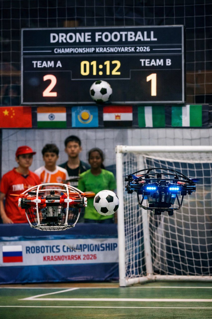 В России впервые пройдет Футбол дронов   Такое состязание включили в чемпионата по робототехнике который пройдет в апреле 2026 года в Красноярске Среди участников будут и гости из Китая Индии Казахстана Египта и некоторых стран Африки Организаторы мероприятия НПЦ Ушкуйник и АНО Лаборатория по робототехнике Инженеры будущего Правила соревнований придуманы так чтобы участники могли не только улучшить навыки управления дронами но и научиться вырабатывать стратегию игры для победы и расширить инженерные знания через сборку своих дронов Состязаться будут команды возраст участников которых от 8 до 22 лет Они получают бесплатные путевки в лагеря и дополнительные баллы для поступления в вуз а победители будут номинированы на премию глав регионов лайфхак как заработать первые карманные деньги У чемпионата будет своя звезда амбассадором соревнований выступит единственный в России чемпион мира многократный чемпион России по гонкам дронов Александр Холкин  Кстати первый чемпионат по дрон футболу прошел в прошлом году в Шанхае Велосипед мы не изобрели но в вагон с новой темой быстро запрыгнули Дронофлот