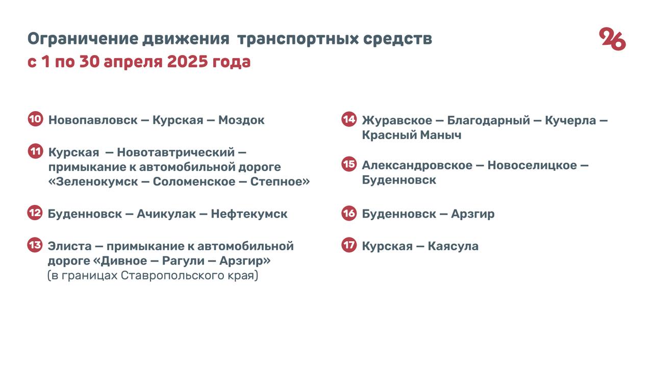 17 дорог закроют на месяц в Ставропольском крае   Соответствующий приказ, подписанный министром дорожного хозяйства СК Евгением Штепой, опубликован на портале правовой информации региона.  Согласно документу, ограничения будут действовать для транспортных средств с нагрузкой на ось, превышающей допустимую. Лимит для разных территорий установлен в районе от 3 до 6 тонн. Решение принято в связи со снижением несущей способности конструктивных элементов дорог общего пользования из-за переувлажнения в весенний период. Проезд будет закрыт с 1 по 30 апреля.   Исключение составляют пассажирские перевозки автобусами, транспортировка продуктов, животных, лекарств, горюче-смазочных материалов, семян и удобрений, почты и грузов, необходимых для предотвращения и ликвидации последствий ЧС.