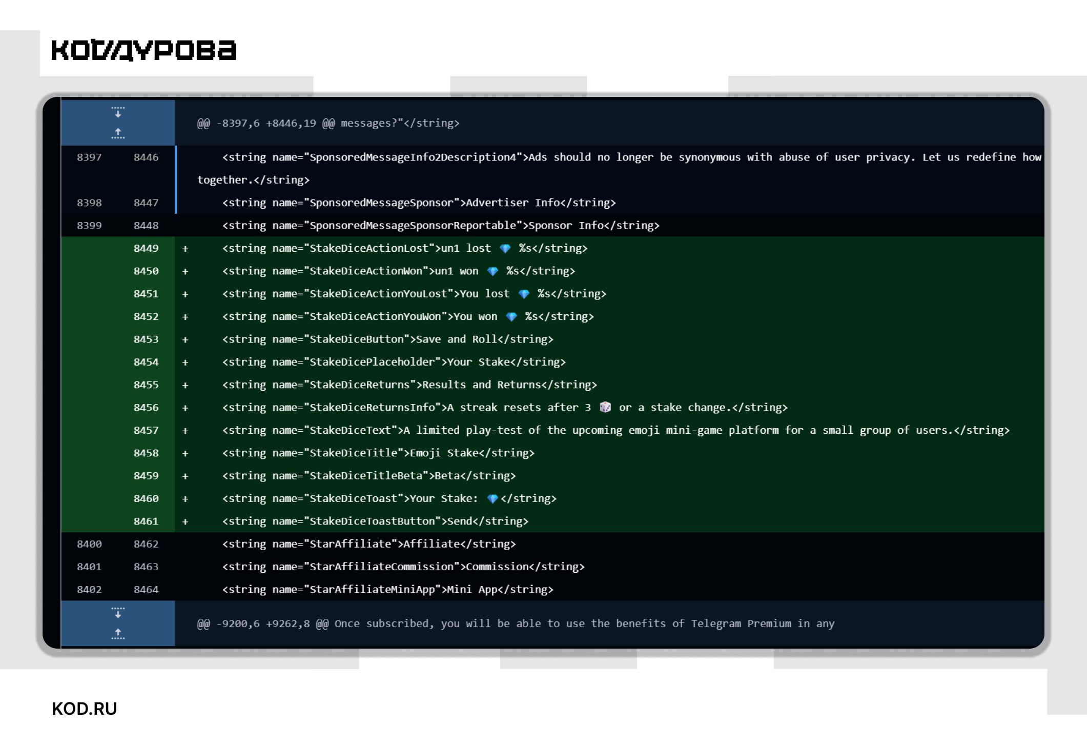 Telegram запускает казино В коде бета версии клиента Telegram обнаружили странные строчки новой функции Emoji Stake смысл которой до конца не ясен Судя по коду пользователи смогут делать ставки во внутренней валюте после чего нажать кнопку Save and Roll После этого происходит бросок кубика а на экране показываются результаты сколько валюты удалось выиграть или проиграть Возможно таким образом пользователи смогут делать ставки на результат броска кубика но на текущий момент официальных анонсов Telegram не делал Это лишь предположения на основе нескольких строк кода в файлах локализации Подписаться