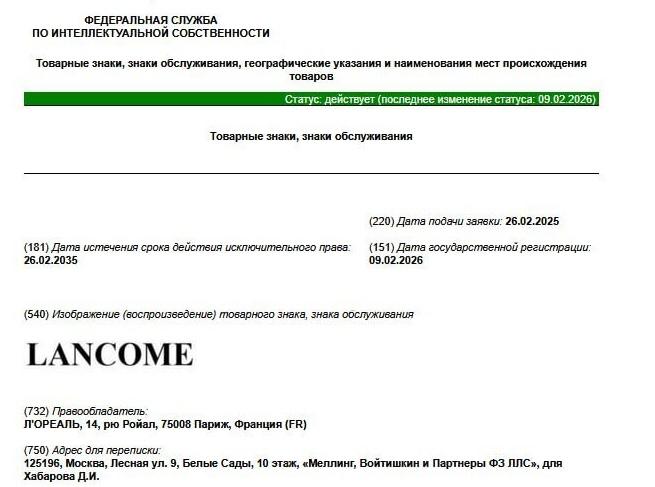 L Oreal зарегистрировала в РФ пять товарных знаков под которыми сможет продавать масла парфюмерию и средства по уходу за кожей