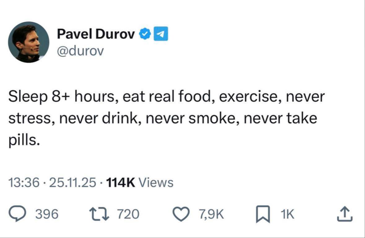 Павел Дуров поделился секретом как не болеть Основатель Telegram вновь поделился в соцсети X своими правилами здорового образа жизни которые помогают ему не болеть Итак среди советов Дурова спать больше 8 часов питаться натуральными продуктами заниматься спортом избегать стресса и полностью отказаться от алкоголя курения и любых таблеток Предприниматель напомнил что уже более 20 лет не употребляет алкоголь и не курит а также регулярно практикует ледяные ванны settersmedia news