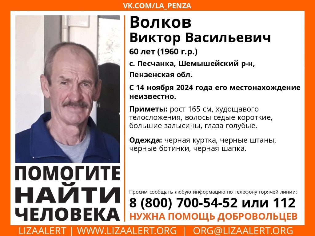 64-летний Виктор Волков пропал в Пензенской области.  Жителя села Песчанка Шемышейского района не видели с 14 ноября. В день исчезновения на мужчине были чёрные куртка, штаны, ботинки и шапка.  Всех, кто знает что-то о местонахождении Виктора Васильевича, просят сообщить «Лиза Алерт»: 88007005452 или 112  звонок бесплатный .    Подписаться   Прислать новость