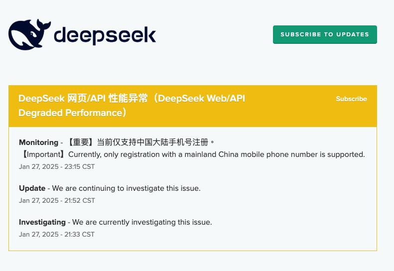 Китайская нейросеть DeepSeek вынужденно ограничила регистрацию пользователей, разрешив доступ только с китайскими номерами телефонов, из-за избыточной нагрузки на серверы. Эффективность её новой версии V3 привела к снижению капитализации AI-токенов на 22%, что нанесло ущерб фондовому рынку на сумму $1 трлн всего за один день.