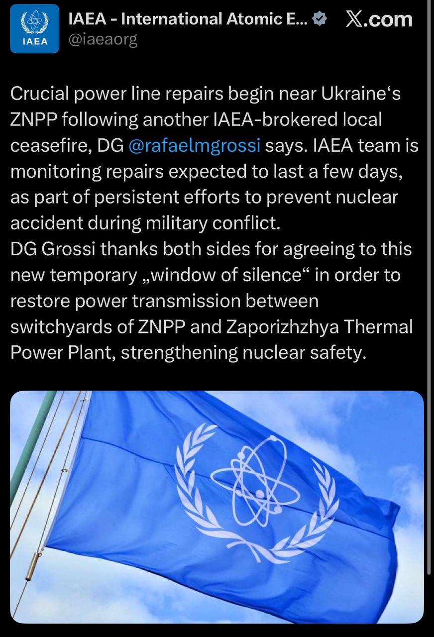 Москва и Киев договорились о прекращении огня в районе Запорожской АЭС для ремонта линии электропередачи сообщили в МАГАТЭ Работы уже начались Перемирие продлится несколько дней Гендиректор МАГАТЭ Гросси поблагодарил обе стороны за согласие на это новое временное окно тишины которое даст возможность восстановить передачу электроэнергии между распределительными подстанциями Запорожской АЭС и Запорожской тепловой электростанции Это способствует укреплению ядерной безопасности Подписывайтесь на BFM И в MAX