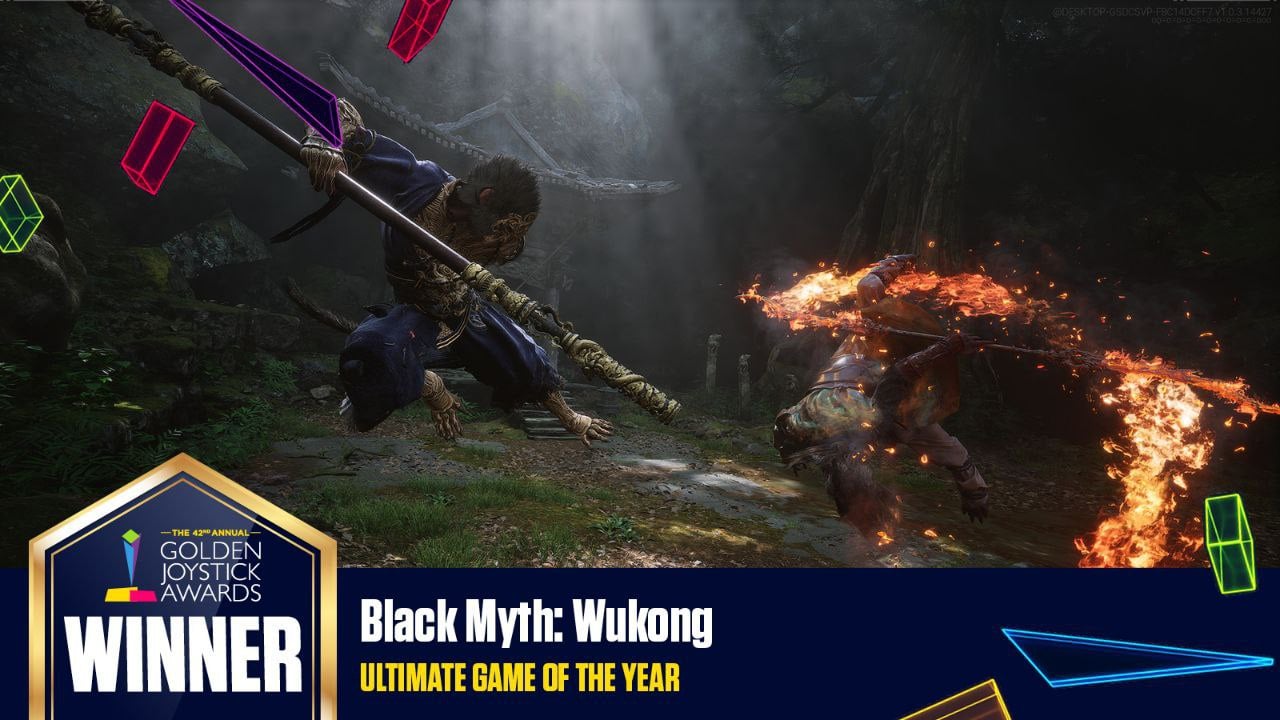 Black Myth: Wukong стала ЛУЧШЕЙ ИГРОЙ ГОДА на престижной премии Golden Joystick Awards — китайский обезьян отметелил палкой всех.   Еще победители:  — Лучшая игра для ПК: Satisfactory; — Лучшая игра на консолях: Helldivers 2; — Самая ожидаемая игра: GTA 6.