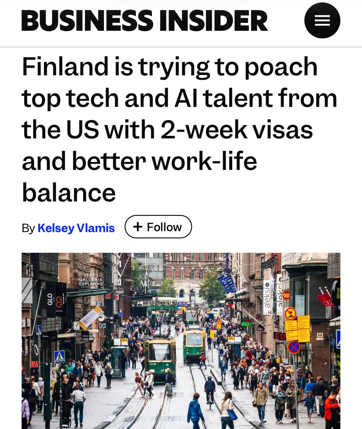Финляндия строит свою Кремниевую долину и хантит топовых айтишников мира предлагая им меньше работы и work life balance пишет Business Insider Основные аргументы финского подхода для хантинга Быстрая виза и заселение через 2 недели после оффера При этом супругам тоже дают разрешение на работу Строгие ограничения на время работы не более 40 рабочих часов в неделю после которых никто никого не трогает Активная поддержка здоровья и красивые виды за окном Ваучеры на спортзалы массажи и концерты любимых исполнителей Из минусов зарплаты Власти Финляндии прямо говорят что у них нет таких зарплат как у американских бигтехов зато они уважают спокойную жизнь больше чем работу 24 7 И это работает количество утечек мозгов в страну растёт Вот и думайте теперь techmedia
