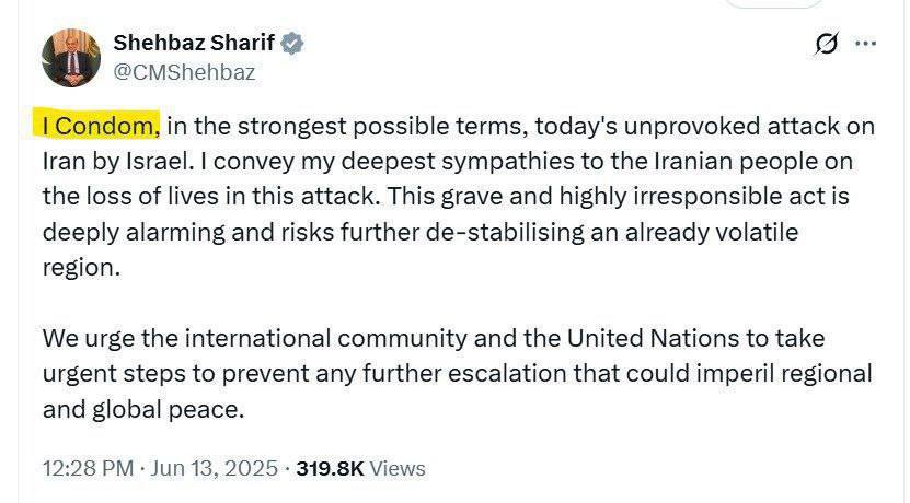 Президент Пакистана опечатался в твите об израильской атаке: вместо «I condemn» я осуждаю он написал «I condom» я презерватив .