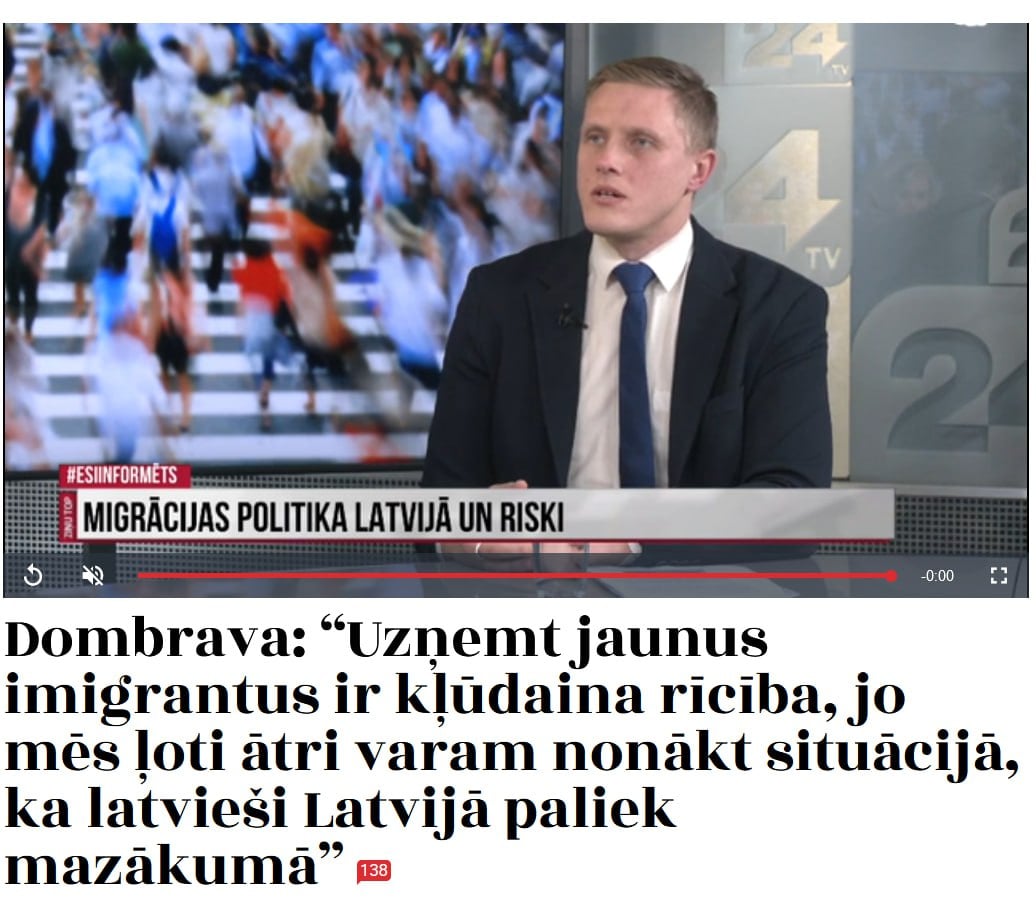Латвия против миграционной политики ЕС и приема новых мигрантов  В Латвии все чаще звучат критические высказывания против миграционной политики Европейского союза. Депутат 14-го Сейма и член Комиссии по национальной безопасности Янис Домбрава в эфире программы «News TOP» на TV24 заявил, что страна не должна принимать новых мигрантов, поскольку это угрожает демографическому и национальному балансу.  «Принимать новых иммигрантов в Латвии — ошибка, которая может привести к тому, что латыши окажутся в меньшинстве. Уже сейчас мы сталкиваемся с низкой рождаемостью, высокой смертностью, а также с тем, что значительная часть населения, по международным стандартам, считается иммигрантами», — отметил Домбрава. Он добавил, что в стране проживает около 40 000 граждан России, многие из которых остаются патриотами своей страны и придерживаются другой системы ценностей, что затрудняет их полную интеграцию.  По словам Домбравы, Латвия не должна следовать миграционной политике ЕС, предполагающей размещение мигрантов из Афганистана, Сирии и других регионов. «С такими решениями мы можем очень быстро потерять национальную идентичность и оказаться в положении, когда латыши станут меньшинством в своей собственной стране. Латвия должна защищать свои интересы и сохранять национальный характер», — подчеркнул Домбрава.    Видимо не все в ЕС так однозначно, а навязываемые демократические ценности зачастую становятся угрозой национальной безопасности стран-членов и рост недовольства в Латвии это очевидно демонстрирует.  ↗
