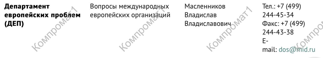 ‍  «Департамент европейских проблем» появился в российском МИД  В Министерстве иностранных дел переименовали «Департамент общеевропейского сотрудничества»  ДОС  — теперь он называется «Департаментом европейских проблем». Соответствующая информация опубликована на официальном сайте МИД — в структурной схеме министерства, на которую обратила внимание газета «Коммерсант».    «Департамент европейских проблем» занимается коммуникацией с Организацией по безопасности и сотрудничеству в Европе  ОБСЕ , Советом Европы  СЕ , Евросоюзом  ЕС  и НАТО. Страны—члены Евросоюза Россия рассматривает как «недружественные», а блок НАТО — как враждебный. Из Совета Европы Россия вышла в прошлом году.   Директором «департамента проблем» на схеме указан бывший посол России в Черногории Владислав Масленников. Он возглавил ДОС в середине октября, то есть незадолго до переименования департамента.    Подписаться   Прислать новость