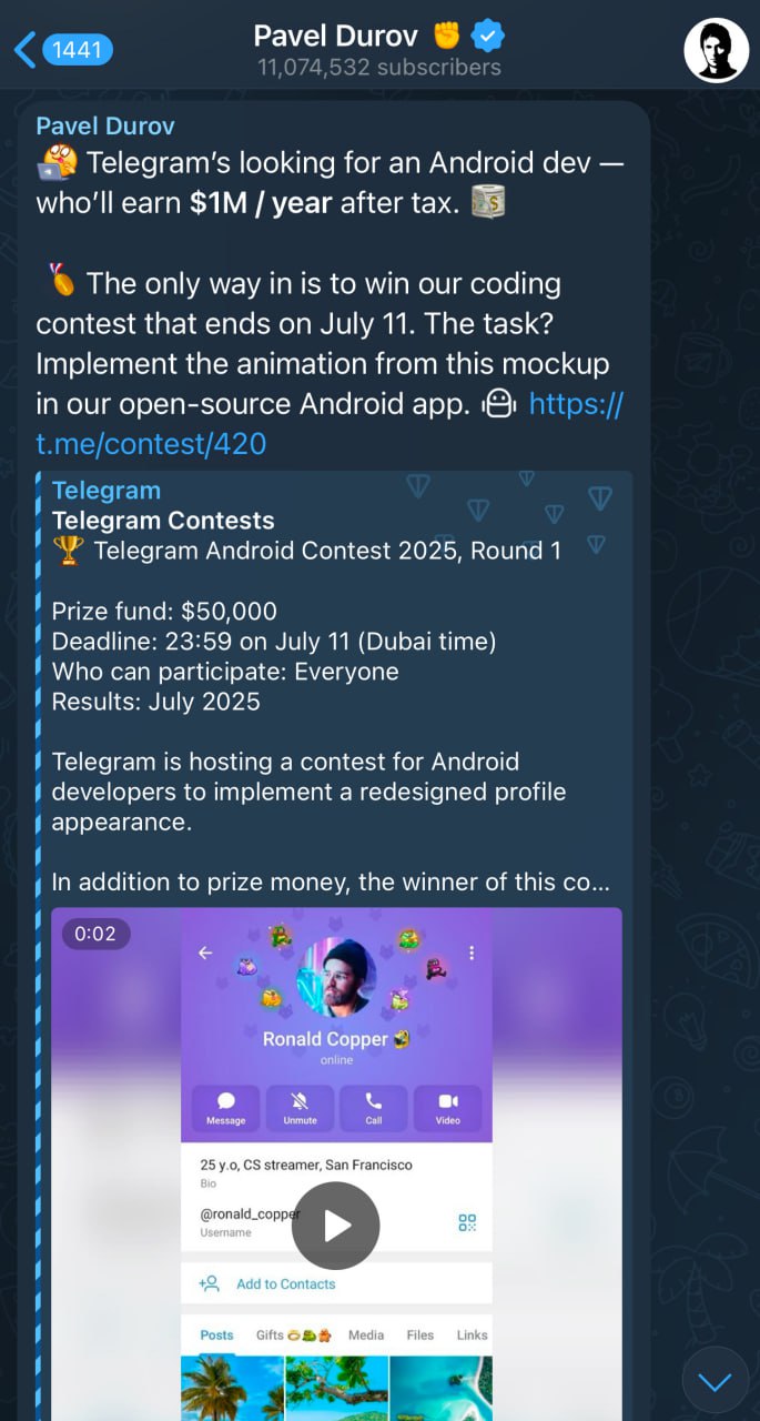 Вакансия дня: Telegram ищет разработчика под Android — обещают платить $1 млн в год ₽78,5 млн . Для откликов запустили конкурс: нужно сделать новую анимацию на странице профилей в опенсорсной версии мессенджера. Вместе с оффером победитель получит $50 тыс.