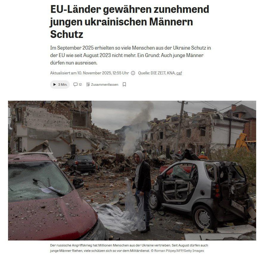 Количество украинцев ищущих убежища в ЕС за месяц выросло в два раза Die Zeit В сентябре 2025 года количество граждан Украины которые получили защиту в Европейском Союзе достигло самого высокого уровня за два года Издание сообщает что по данным Евростата было одобрено 79 205 заявлений о предоставлении временной защиты Это на 49 больше чем в предыдущем месяце и самый высокий показатель с августа 2023 года В Европейской комиссии объяснили такой рост в том числе решением украинского правительства разрешить мужчинам 18 22 лет с конца августа беспрепятственно покидать страну Die Zeit отмечает что доля взрослых мужчин среди украинских беженцев в сентябре выросла до 47 Впервые выехавших мужчин оказалось больше чем женщин их доля составила 31 Доля несовершеннолетних составила 22 НАШИ РЕСУРСЫ Telegram Tik tok YouTube RUTUBE