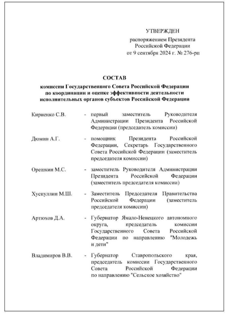 Дмитрий Артюхов вошёл в состав комиссии Госсовета по координации и оценке деятельности исполнительных органов субъектов РФ  Соответствующее распоряжение подписал Президент РФ.   Комиссию возглавил Сергей Кириенко, первый заместитель руководителя Администрации Президента. Также в состав вошли помощник Президента Алексей Дюмин, замруководителя Администрации Президента Максим Орешкин, вице-премьер Марат Хуснуллин, главы ряда регионов и федеральные министры.   Комиссия будет заниматься вопросами работы региональных властей, в том числе оценкой и повышением эффективности.    ‍  ЯМАЛ. Официально   Подписаться