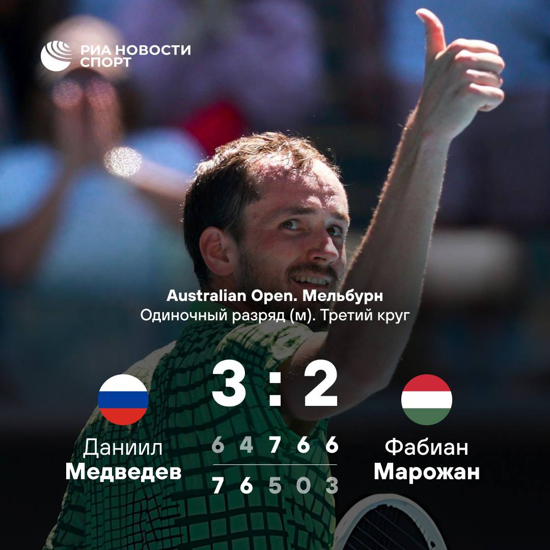 Медведев в пяти сетах обыграл Марожана и вышел в четвертый круг Australian Open Даниил заставил нас понервничать отдав две первые партии венгру но затем включил режим зверя и перевернул игру В четвертом сете вообще повесил сопернику баранку Следующим соперником россиянина станет американец Лернер Тьен Подписывайтесь на РИА Новости Спорт в MAX