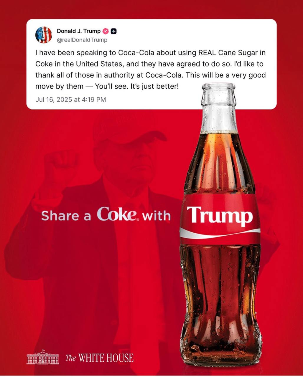 Трамп меняет рецепт Coca-Cola для американского рынка. Дональд заявил, что пообщался с компанией и договорился, что теперь в рецептуре будут использовать настоящий тростниковый сахар в Coca-Cola. Всё ближе и ближе к Добрый Cola