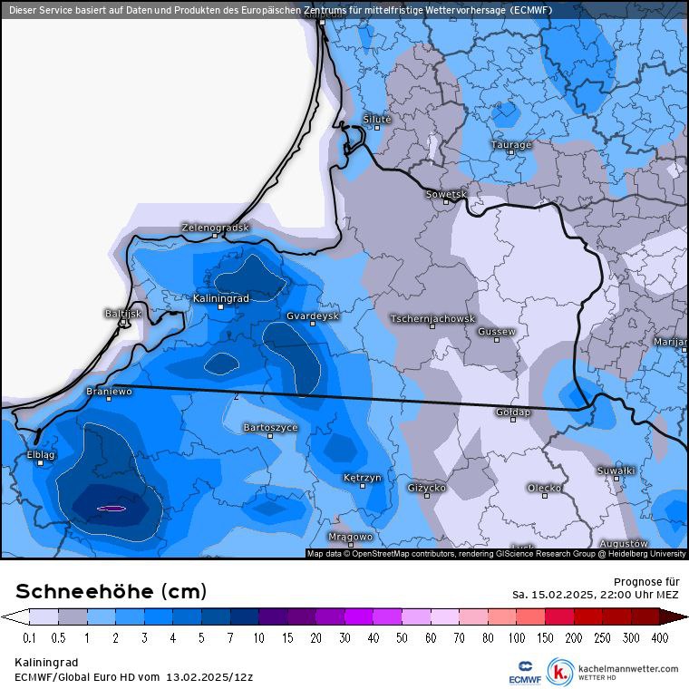 К вечеру субботы модель ECMWF ожидает формирование снежного покрова до 10 сантиметров на западе региона и в Калининграде. Местами вполне может выпасть и более внушительный покров.  Надеемся, коммунальные службы будут готовы к такому февральскому сюрпризу - снега то у нас не было с середины января!