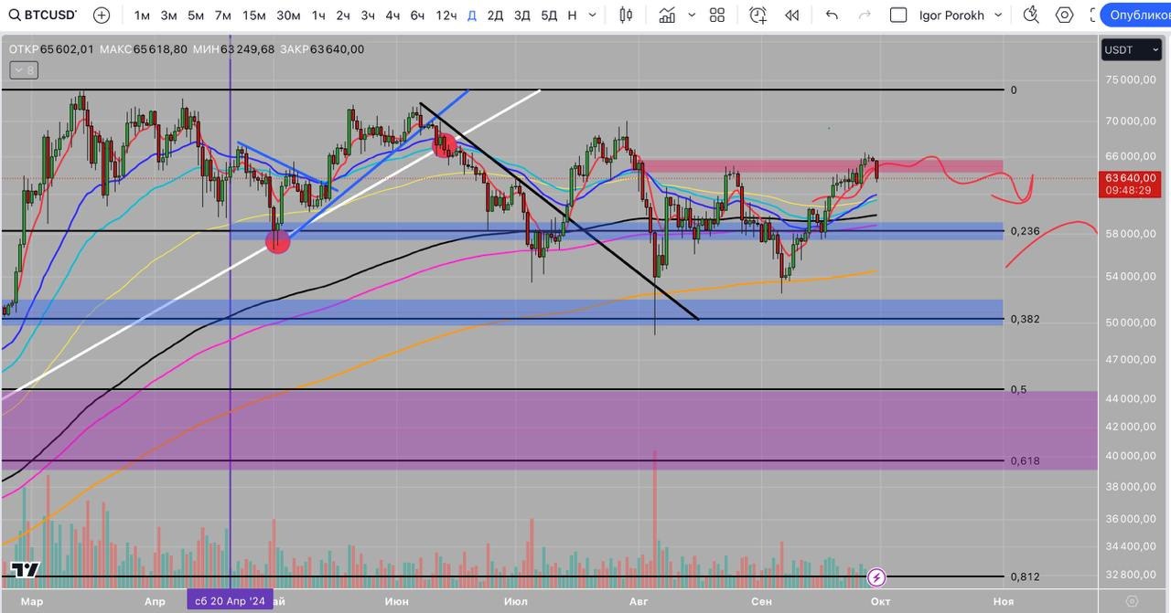 BTC/USDT D  Сняли ликвидность выше $66 000. Сегодня лонгистов было ликвидировано на сумму свыше $100 млн.  ↘  Далее ожидаю продолжение бокового и нисходящего движения в сторону линии поддержки по цене $58 000.  ММ  маркет-мейкер  очень любит делать третью ступеньку выше предыдущих двух, то есть закинуть цену в сторону $67 000, чтобы выбросить из шортовых позиций ранних медведей.  На этой неделе ряд важных событий и публикации макроданных:  1   Сегодня ночью закрытие месячной свечи.  2   Публикация важных показателей:    понедельник: - заседание ФРС.    вторник: - количество открытых вакансий.    четверг: - среднечасовая заработная плата; - уровень безработицы.  Это одни из самых важных показателей, которые влияют на дальнейшее снижение процентной ставки доллара, а это, в свою очередь, влияет на дальнейший интерес у инвесторов к рисковым активам  к примеру, криптовалютный рынок .  P.S. Это не финансовый совет и не призыв к действию. Контролируйте свои риски.    #аналитика