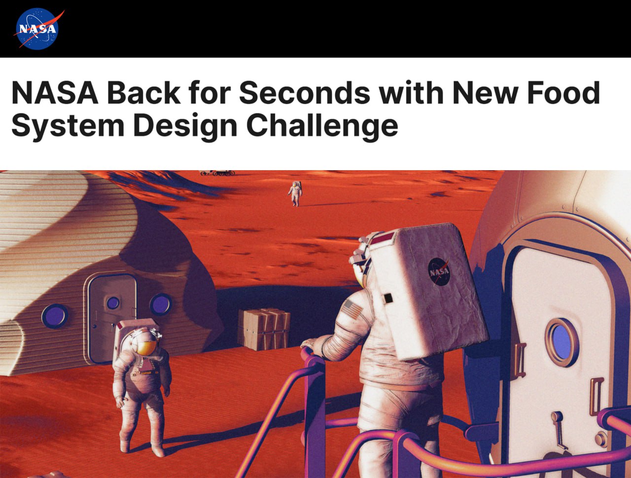 NASA запустила новый конкурс и готова заплатить 750 000 58 млн чтобы кто то придумал чем кормить астронавтов на Марсе Любой желающий может прислать полный план питания от выращивания еды на Марсе до готовки Всё должно работать без поставок с Земли варианты собирают до сентября 2026 года JDMax этокосмос