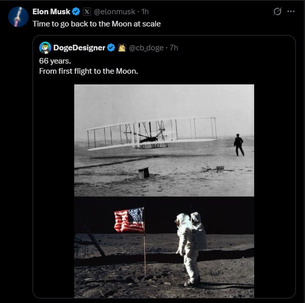 Вернуться на Луну предложил американский бизнесмен Илон Маск Пришло время для масштабного возвращения на Луну написал он в соцсети X Так Маск прокомментировал публикацию в которой отмечается что с момента первого полета на самолете до высадки человека на Луну прошло 66 лет  Первый в мире успешный полет на самолете состоялся 17 декабря 1903 года Изобретенный братьями Райт Flyer 1 продержался в воздухе 12 секунд и преодолел расстояние в 37 метров Позднее 16 24 июля 1969 года американский космический корабль Аполлон 11 совершил полет в ходе которого жители Земли впервые в истории совершили посадку на поверхность Луны IZ RU в Telegram в MAX