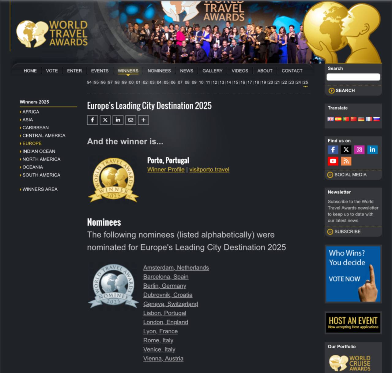 Переходим к приятным новостям Португалия получила множество премий от World Travel Awards которые часто называют Оскарами туризма Главная награда Portugal Лучшее туристическое направление Европы Europe s Leading Destination 2025 Города Porto Лучший город Европы для путешествий Europe s Leading City Destination Порту обошёл таких сильных конкурентов как Амстердам Барселона Берлин Дубровник Женева Лиссабон Лондон Лион Рим и Венеция Lisboa Лучшее направление для коротких поездок Europe s Leading City Break Destination Регионы и острова Madeira Лучшее островное направление Europe s Leading Island Destination Природа и приключения Passadiços do Paiva Arouca Лучшее приключенческое направление Европы Europe s Leading Adventure Tourist Attraction Dark Sky Alqueva Лучшая туристическая достопримечательность Европы Europe s Leading Tourist Attraction Развлечения и отдых Aquashow Water Park Лучший аквапарк Европы Europe s Leading Water Park Всего более 30 наград включая региональные и корпоративные номинации Ещё одно подтверждение того что Португалия не просто красивая а лучшая   Оставайтесь в Португалии и с Португалия без розовых очков