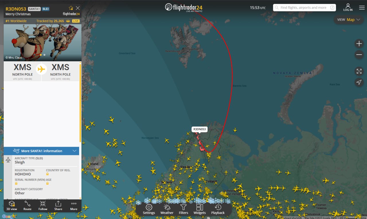 Более 25 тыс человек по всему миру наблюдают за полетом волшебных саней Санта Клауса в сервисе Flightradar Как выяснила газета ВЗГЛЯД сейчас его упряжка пролетает над Швецией   Telegram MAX Читать эксклюзив