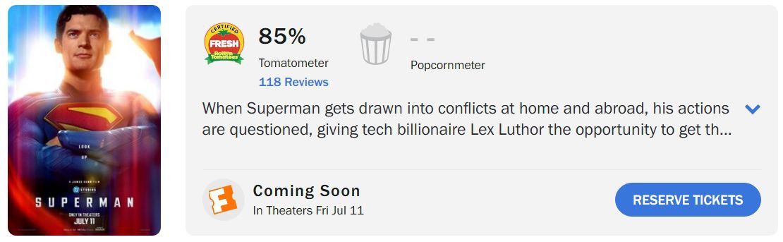 Новый «Супермен» Джеймса Ганна рвёт чарты: фильм уже набрал 87–91% на Rotten Tomatoes и его называют лучшим в истории DC. Критики хвалят актёров, сюжет, юмор и свежий взгляд на ценности героя — некоторые даже считают этот фильм главным хитом Ганна, лучше «Стражей галактики». В мировом прокате с 11 июля, в России покажут с 20-го. Наш второй канал РУПОСТ 18+ Подписывайтесь.