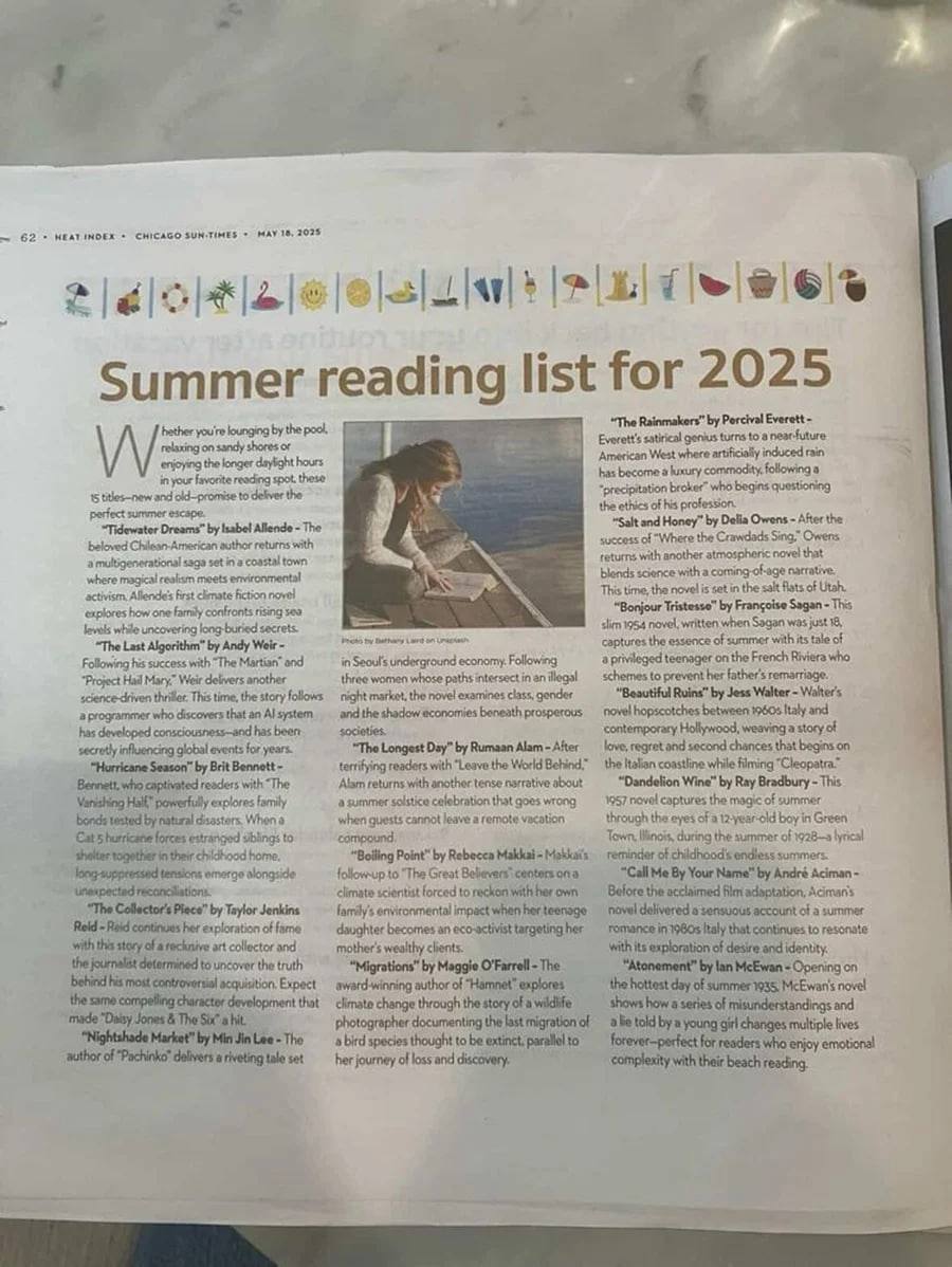 Газета Chicago Sun-Times выпустила список рекомендованных книг на лето, но большая часть из них оказалась выдуманной. Автор, ответственный за составление списка, не проверил информацию, полученную от искусственного интеллекта. К удивлению, этот список был одобрен редактированием.
