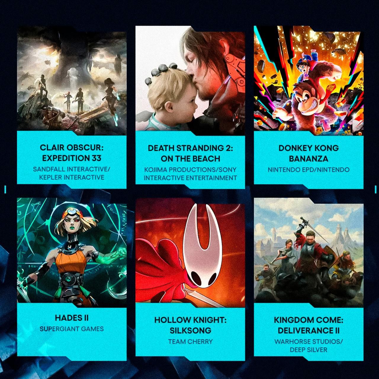 Номинанты на звание лучшей игры года Представили список проектов которые будут сражаться за звание лучшей игры на The Game Awards В конкурсе участвуют Clair Obscur Expedition 33 Death Stranding 2 On the Beach Donkey Kong Bananza Hades 2 Hollow Knight Silksong и Kingdom Come Deliverance 2 Победителя узнаем уже 11 декабря Пишите в комментах своего фаворита НМШ