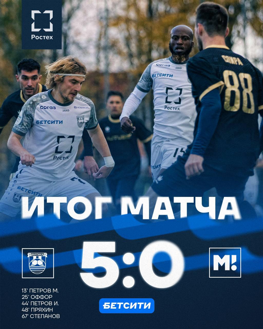 Забили почти все игроки ФК Балтика победил в матче против медийной команды Матч ТВ со счётом 5 0 Контрольный спарринг прошёл в УТЦ Новогорск На 13 минуте гол забил Максим Петров на 25 Оффор на 44 Илья Петров Кроме того мяч в ворота соперника прилетел от Пряхина на 48 минуте а на 67 от Степанова