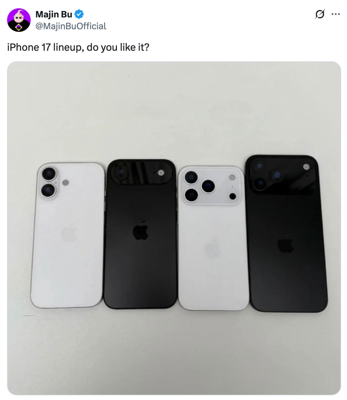 На фото показали все модели iPhone 17: свежие детали от инсайдера Majin Bu Инсайдер предоставил возможность увидеть всю линейку iPhone 17. Базовый iPhone 17 почти не отличается от предыдущей модели, а версии Plus в этом году не будет. У iPhone 17 Pro новое расположение камеры, из-за чего логотип Apple переместился ниже центра корпуса. Особо выделяется iPhone 17 Air, который стал почти в два раза тоньше других моделей из-за уникального модуля камеры. До выхода осталось около двух месяцев, ждем с нетерпением. ———————————————— - Канал про тренды из мира IT, технологий, нейросетей и бизнеса.