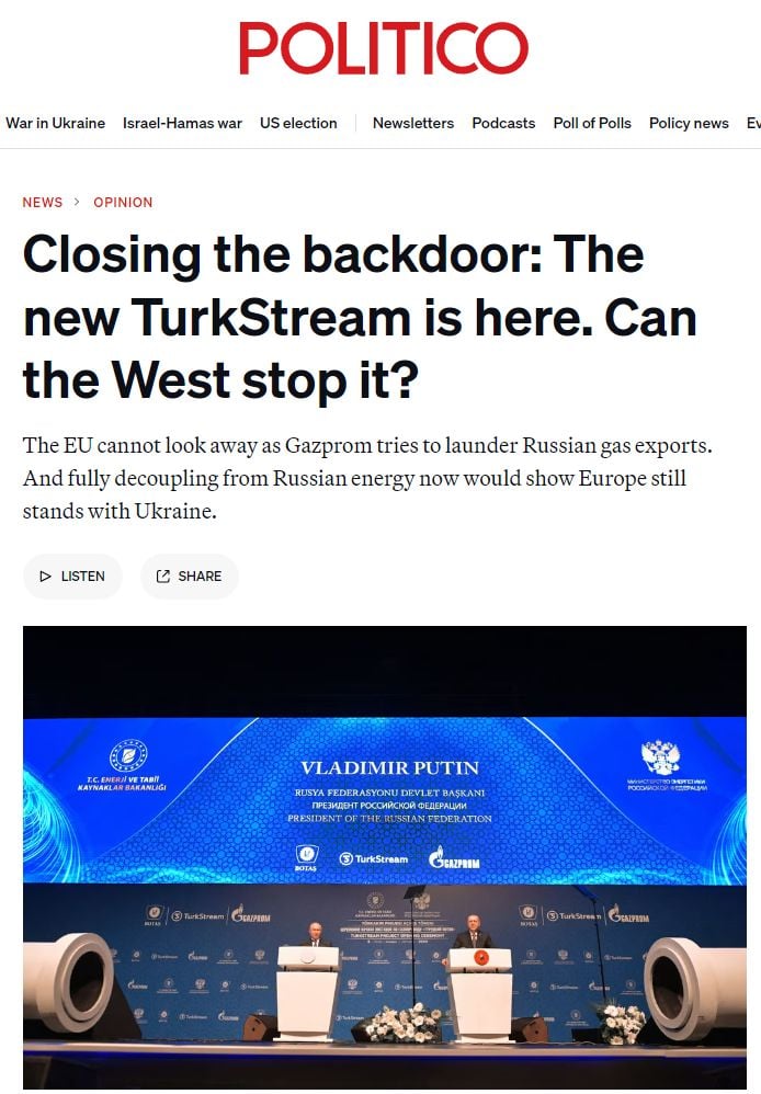 Российский газ добирается до Европы через новый «Турецкий поток» — Politico  В конце августа Турция объявила о строительстве нового газопровода, который можно было бы назвать «Турецким потоком-2», пишет Politico. По словам министра энергетики Альпарслана Байрактара, это даст возможность экспортировать 7-8 млрд кубометров природного газа через Болгарию и Центральную Европу под новым брендом под названием «Турецкая смесь». Речь идёт о смеси газа из различных источников.   Издание отмечает, что доля российского газа в этом объёме составит около 40%. Однако реальные цифры могут быть гораздо выше, учитывая, что «Газпром» и турецкая монополия BOTAS ещё с 2023 года прорабатывают детали строительства российского газового хаба в Турции. А это означает дополнительные возможности для транспортировки замаскированного российского газа в Европу.   Несмотря на все усилия европейских властей, на российский газ по—прежнему приходится 15% от всего объёма импорта газа в ЕС. Это даже выше, чем поставки американского СПГ в Европу в 2024 году. Таким образом, Европа тратит на российские энергоносители в два раза больше, чем на помощь Украине.   Транзит российского газа через Украину прекратится в конце 2024 года. И если Европа хочет полностью отрезать Москву от газовых прибылей из ЕС, ей придётся прекратить и транзит по «Турецкому потоку». Но это гораздо сложнее. Этот путь не только способствует продолжению экспорта российского газа, но и подрывает европейскую диверсификацию, наводняя рынок более дешёвым российским газом. Более того, новый проект с BOTAS позволит Москве скрывать происхождение своего газа, предоставляя возможность продавать его клиентам напрямую. А это в свою очередь позволит России выйти победительницей.  ИноТВ. Подписаться