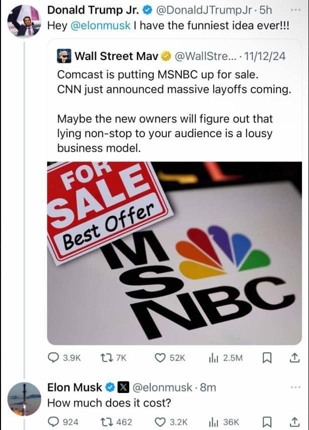 Илон Маск заинтересовался покупкой медиахолдинга MSNBC, принадлежащего Comcast, крупнейшему в США оператору кабельного телевидения и широкополосного доступа к интернету.   На сообщение о возможной продаже компании Маск отреагировал вопросом: "Сколько?".  Точно так же начиналась его покупка Twitter  сейчас Х  в 2017 году     Лучше бы бы скупил все фейкнюс