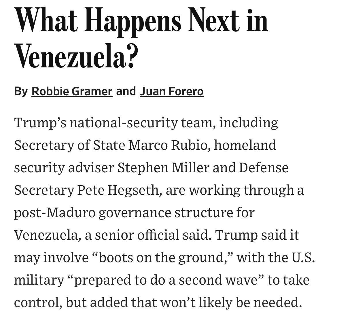 В США разрабатывают систему управления Венесуэлой сообщает The Wall Street Journal со ссылкой на источники По данным издания разработкой занимаются госсекретарь Рубио глава Пентагона Хегчет и советник по внутренней политике Миллер При этом Трамп пока не решил как будет выглядеть дальнейшее вмешательство в дела Венесуэлы Как будет выглядеть переходное правительство и будет ли развертывание там американских войск Напомним вчера Трамп сказал что США будут контролировать власти Венесуэлы в переходный период до выборов и получат месторождения нефти в стране В то же время вице президент Венесуэлы Родригес которая управляет страной после похищения Мадуро фактически опровергла это заявив что Венесуэла не будет никому подчинятся и потребовав отпустить Мадуро на волю Подробно что сейчас происходит в Венесуэле мы писали здесь