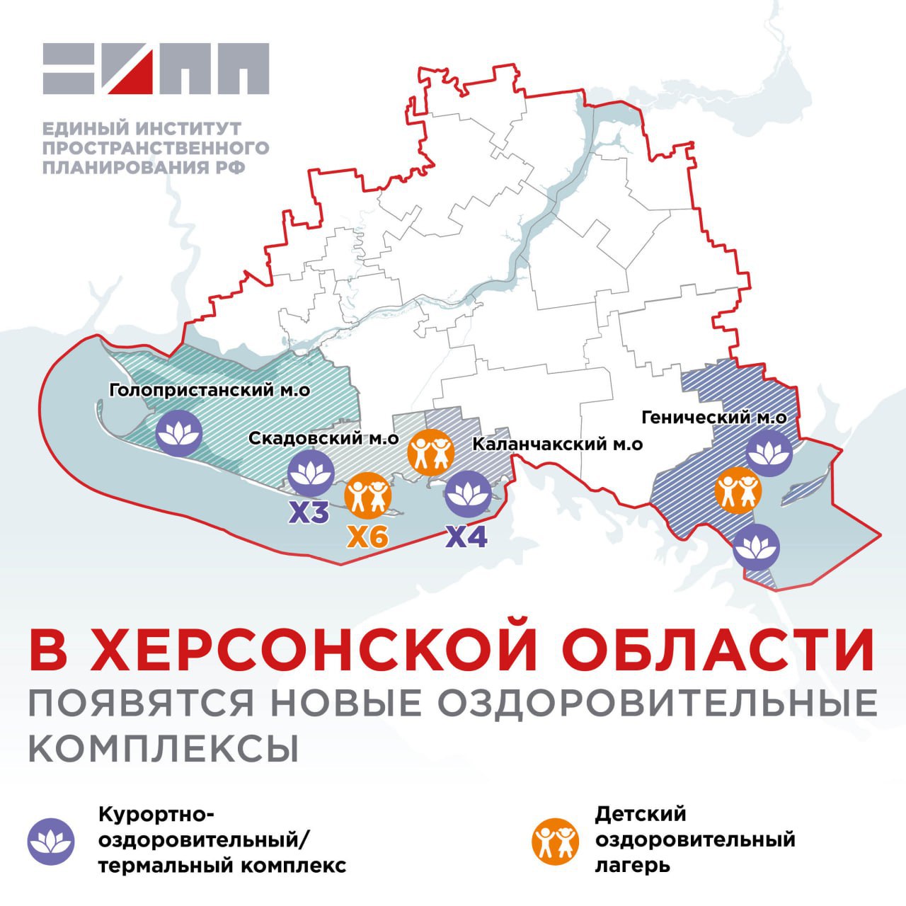 В Херсонской области планируется развивать лечебно оздоровительный туризм Единый институт пространственного планирования РФ в рамках разработки комплексной территориальной схемы развития туризма на территории Херсонской области и генеральных планов муниципальных образований региона разработал предложения по развитию лечебно оздоровительного туризма Херсонская область богата природными и климатическими ресурсами В регионе расположена самая длинная песчаная коса в мире протяженностью 113 км Арабатская стрелка Область обладает большим количеством месторождений целебных бальнеологических ресурсов в их числе система мелководных заливов Сиваш Филатовская засуха и т д и озер Геническое Соколовское Соленое и т д Азовского моря Проектом схемы развития туризма и генеральными планами предусмотрено   реконструкция и расширение детских оздоровительных лагерей в Геническом м о и Каланчакском м о и строительство новых в Скадовском м о   строительство термальных и курортно оздоровительных комплексов в Геническом м о На Арабатской стрелке планируется создать оздоровительный комплекс Арабатские термы и благоустроить территорию вокруг оз Соленое   благоустройство территории у горячего источника в с Облои Голопристанского м о   создание гостиничного спа комплекса в Каланчакском м о   строительство и реконструкция оздоровительных комплексов в Геническом м о Каланчакском м о Скадовском м о Развитие лечебно оздоровительного туризма в Херсонской области позволит раскрыть туристско рекреационный потенциал региона привлечь дополнительные инвестиции и создать новые рабочие места eipp official Проект туризм ХО