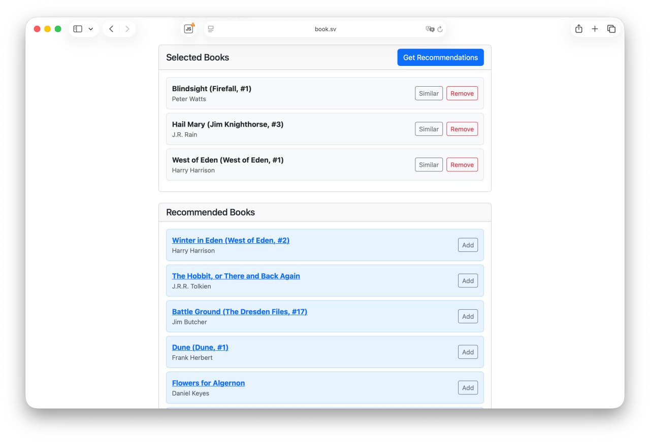 Моментально находим что почитать парень собрал 3 млрд обзоров на книги и создал топовый сервис рекомендаций Достаточно выбрать несколько произведений которые вам нравятся После этого алгоритм подберет максимально подходящие под ваш вкус книги Забиваем книжную полку здесь