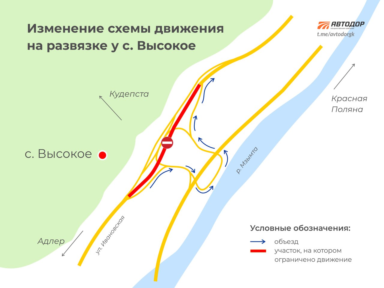 Водители, внимание  Меняется схема организации дорожного движения на развязке в с. Высокое в Сочи.  Госкомпания «Автодор» приступила к реконструкции существующего путепровода на шестом километре федеральной трассы А-149 Адлер — Красная Поляна в рамках строительства обхода Адлера.    В связи с этим движение транспорта в Красную Поляну будет осуществляться с объездом участка реконструкции через скоростное направление трассы А-149, а в обратную сторону — в прежнем режиме.      Работы планируется закончить во втором квартале 2025 года.    Подписывайтесь и следите за новостями