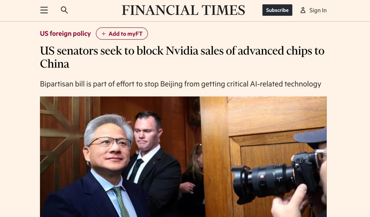США хотят запретить продажу передовых чипов Nvidia в Китай чтобы сохранить лидерство в области ИИ Законопроект запрещает Nvidia продавать в Китай свои самые передовые чипы H200 и Blackwell в течение 30 месяцев Документ появился на фоне опасений чиновников в США значительными успехами Китая в области ИИ и развитием DeepSeek В XXI веке будет определено кто победит в гонке ИИ будет ли эта технология основана на американских ценностях или на ценностях Коммунистической партии Китая заявили в Сенате США FT finlock