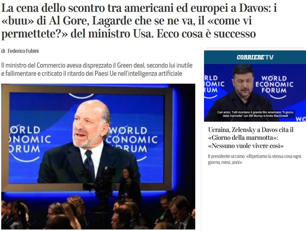 Бывший вице президент США демократ Альберт Гор освистал министра торговли США Говарда Латника Как сообщает Corriere della Sera инцидент произошел в среду во время ужина в Давосе организованном временным сопредседателем форума генеральным директором американской инвестиционной компании BlackRock Ларри Финком По данным газеты Латник начал критически высказываться в отношении ЕС В частности он назвал зеленый переход бесполезным и провальным проектом Американец также указал на медленный экономический рост Европы Присутствовавший на ужине Гор встал и выкрикивая Бууу вышел из зала После этого слово взял министр энергетики США Крис Райт который закричал Как вы можете позволить себе проявить неуважение к министру Латнику Вы что не знаете что создаете себе проблемы В этот момент началась перепалка на повышенных тонах и несколько европейских гостей включая главу Европейского центрального банка Кристин Лагард покинули мероприятие рассказывает о произошедшем издание Сайт Страна X Twitter Прислать новость фото видео Реклама на канале Помощь