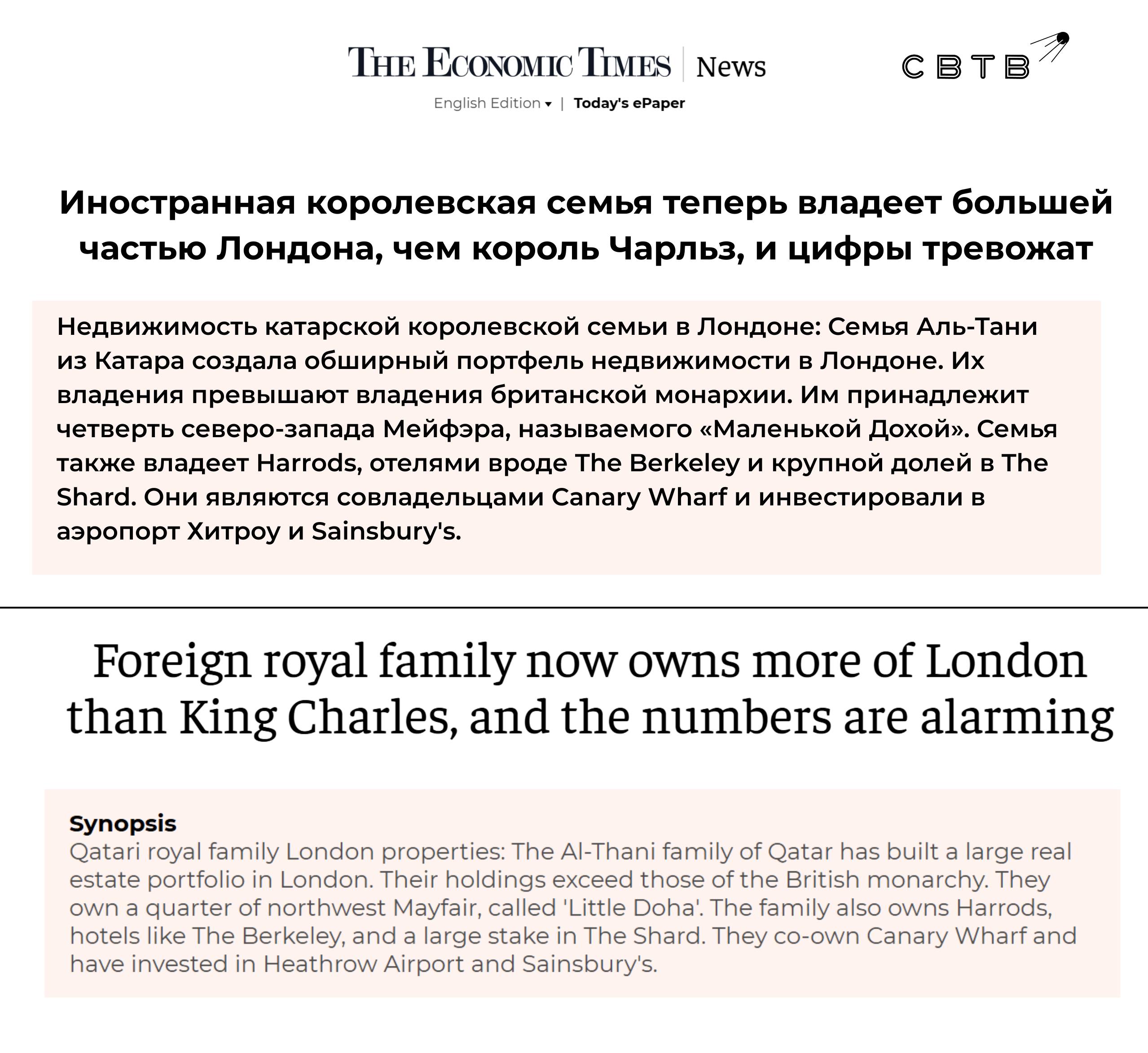 Эмир Катара и его родственники контролируют большую часть Лондона чем британская королевская семья Все учтённые объекты Аль Тани принадлежат им напрямую Стоимость этой недвижимости оценивается в 2 4 млрд из которых около 1 6 млрд приходится на самого Тамима бин Хамада Аль Тани В одном только районе Северного Мейфэра известном как Маленькая Доха катарцам принадлежит примерно четверть зданий Среди них особняк стоимостью около 400 млн Аль Тани приобрели в Лондоне около 167 тысяч м² недвижимости что немного превышает совокупную площадь резиденций королевской семьи При этом владения Виндзоров не являются их частной собственностью и управляются государством через Crown Estate Представьте если бы крестоносцы узнали что однажды те кто были на стороне Саладина будут владеть половиной Лондона Задонатить через бота Patreon Boosty